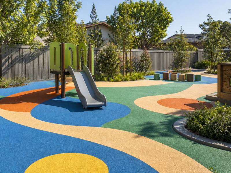 Daycare play area in blue, yellow and green rubber surfacing with a slide and a playhouse