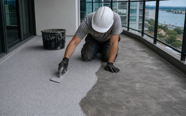 Installer in a hard hat troweling grey rubber surfacing on a high-rise balcony