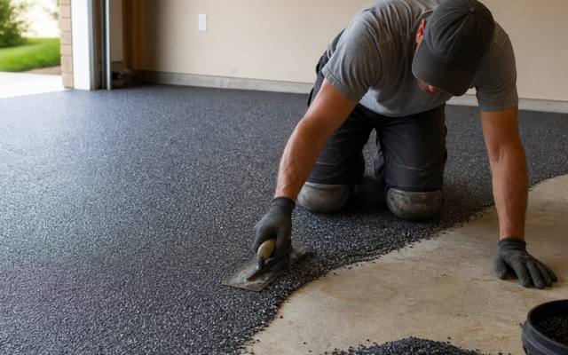 Installer troweling charcoal rubber surfacing across a garage floor with a bucket of granules beside him