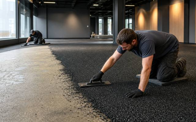 Installer troweling black rubber flooring across a fitness studio floor