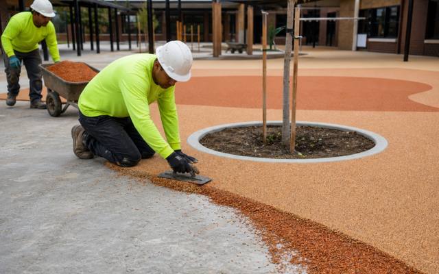 Installer troweling terracotta rubber surfacing around a tree in a school courtyard